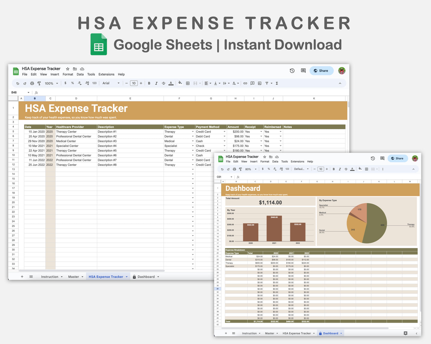 Google Sheets - HSA Expense Tracker - Boho
