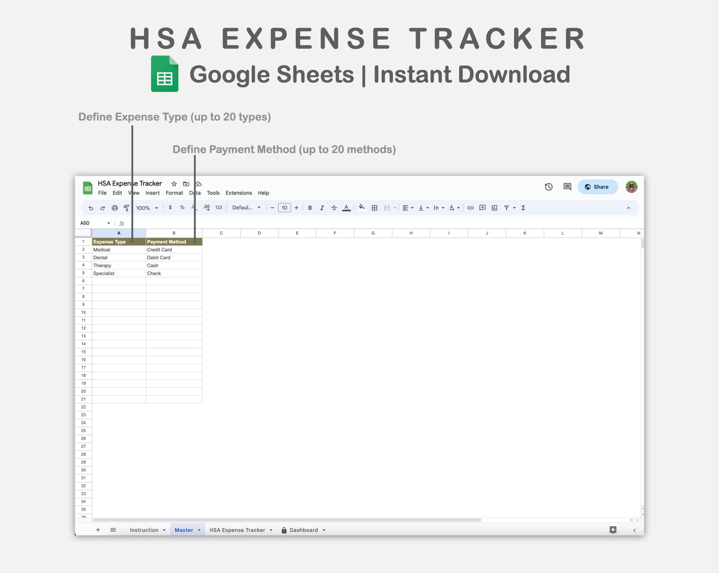 Google Sheets - HSA Expense Tracker - Boho