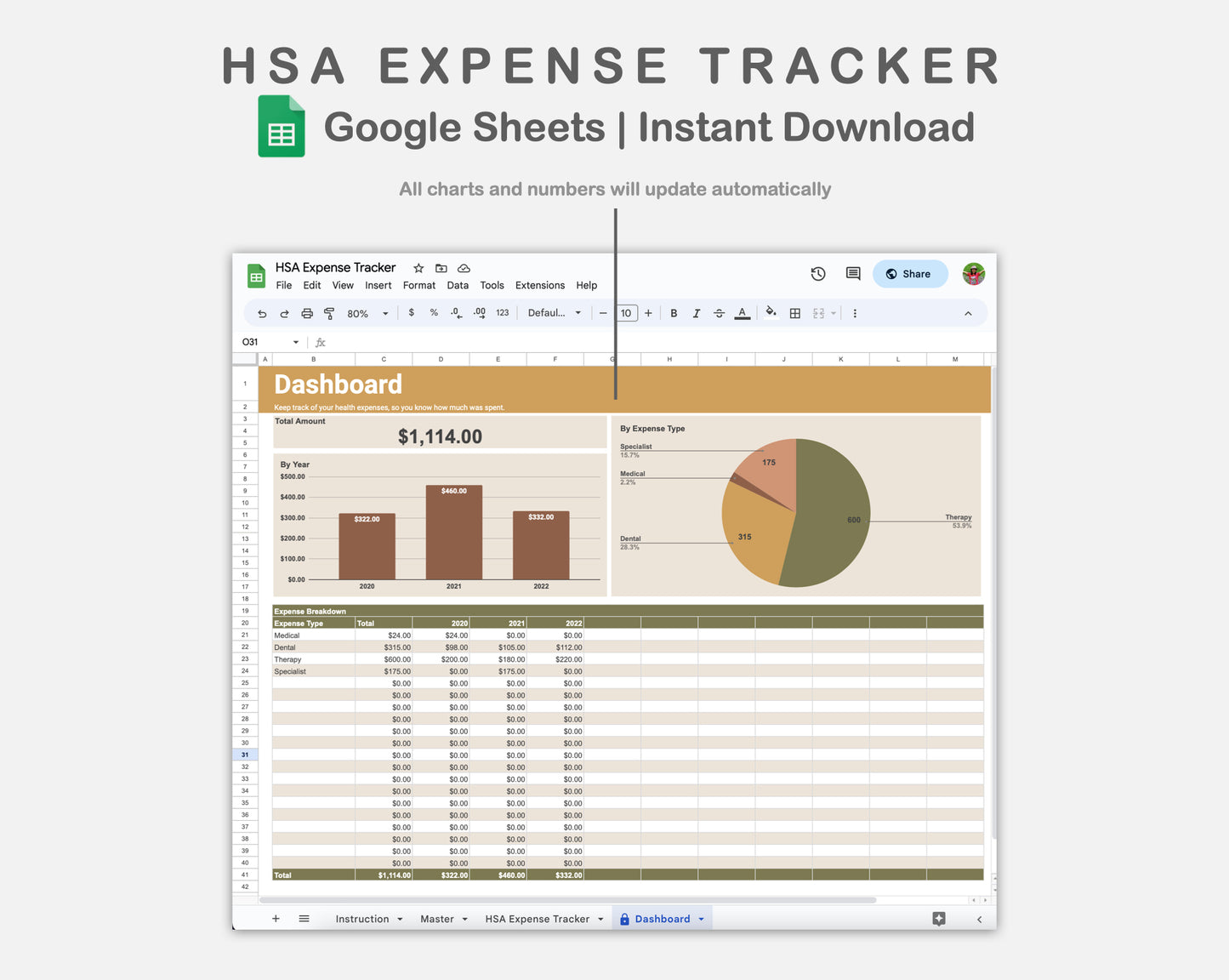 Google Sheets - HSA Expense Tracker - Boho