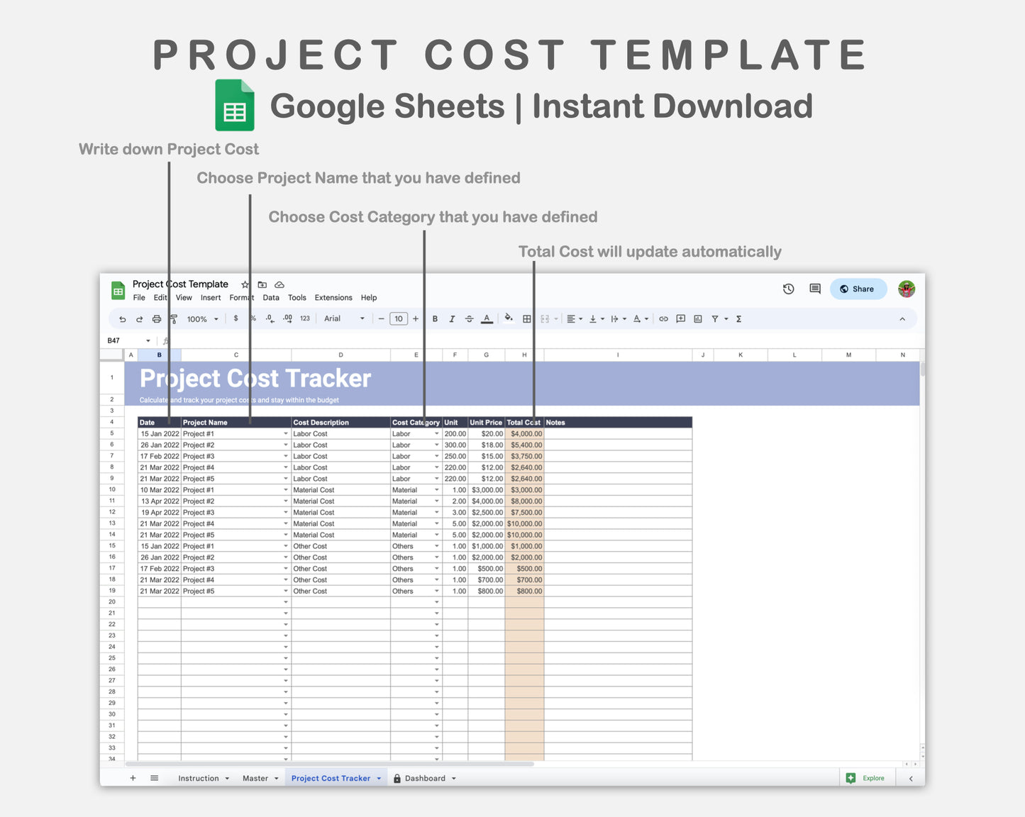 Google Sheets - Project Cost Template - Sweet