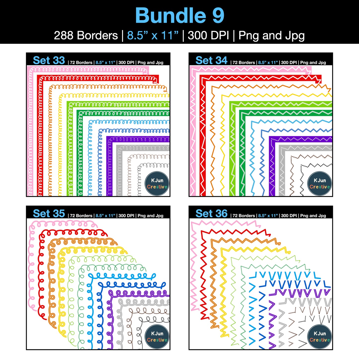 Border Clipart Bundle 9 - Colorful Curly and Zigzag - Page Borders and Frames