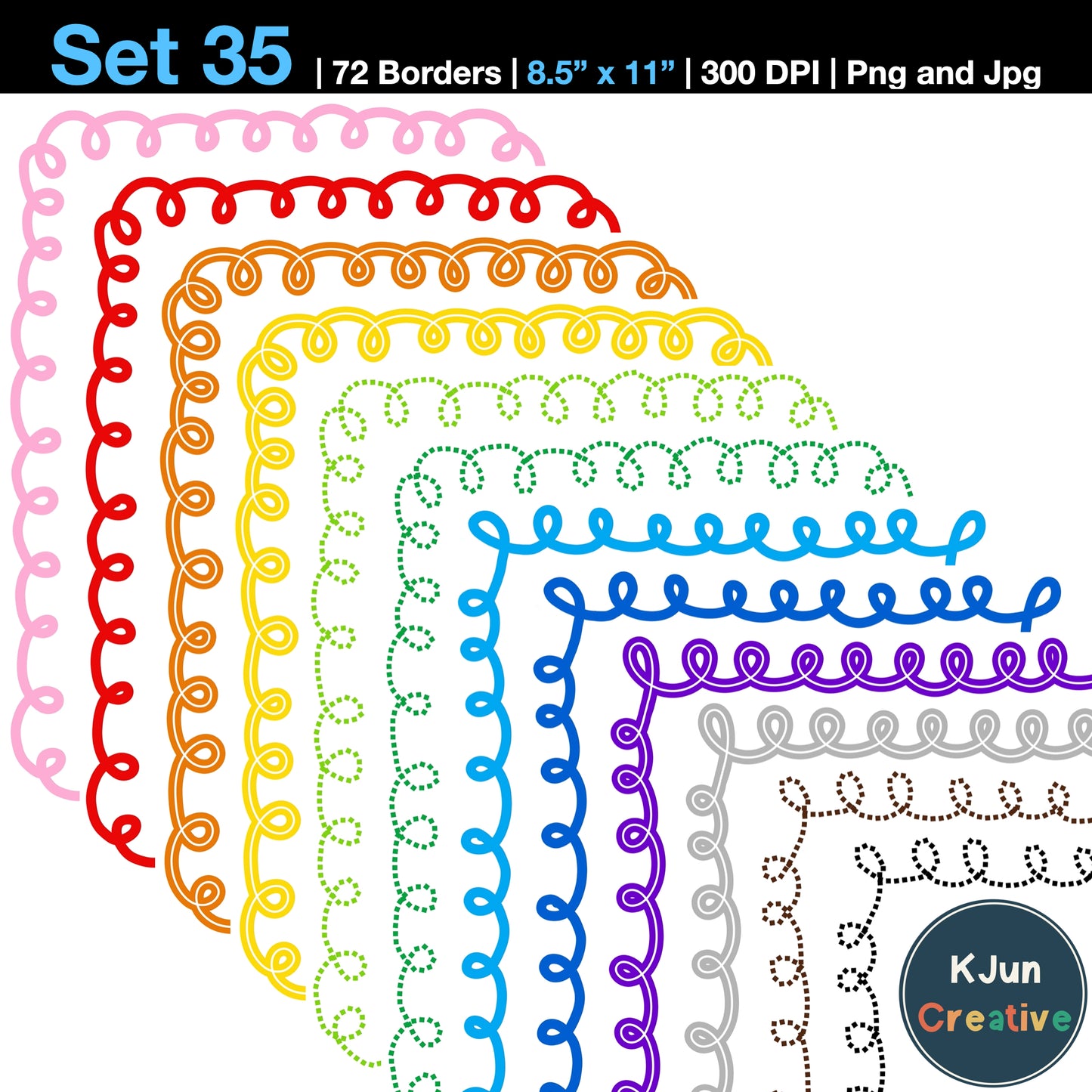 Border Clipart Set 35 - Colorful Curly - Page Borders and Frames