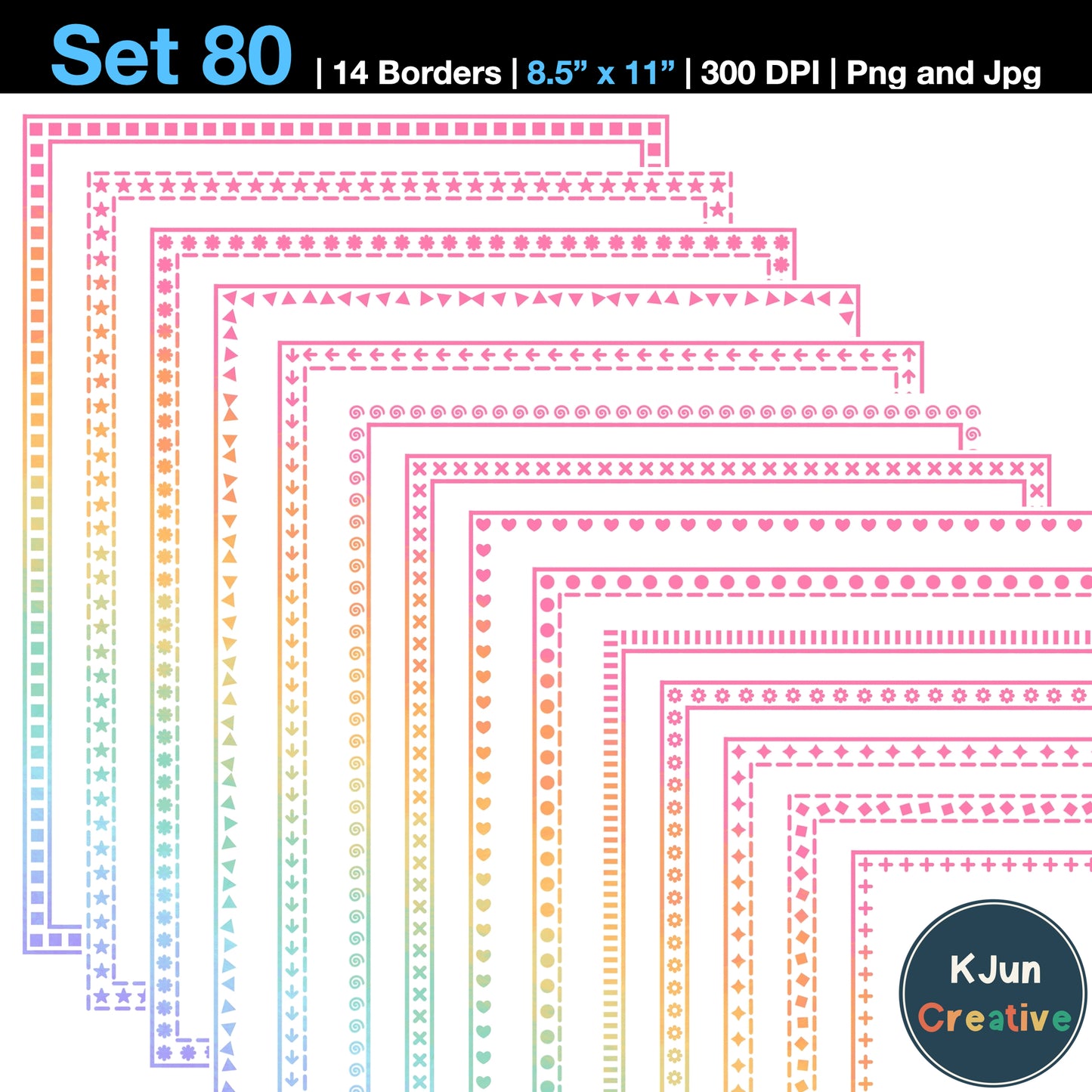 Border Clipart Set 80 - Pastel Rainbow - Page Borders and Frames