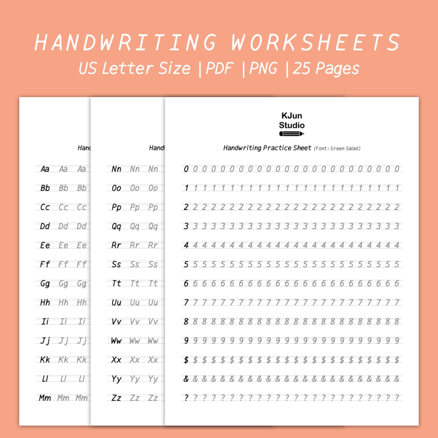 Handwriting Practice Sheets - Green Salad Font