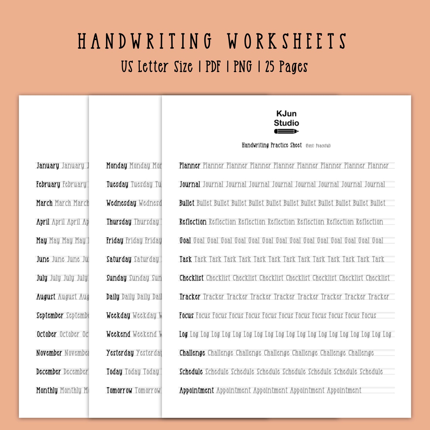 Handwriting Practice Sheets - Peaceful Font