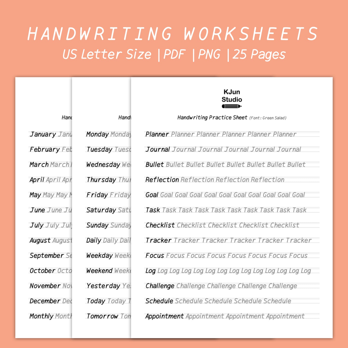 Handwriting Practice Sheets - Green Salad Font