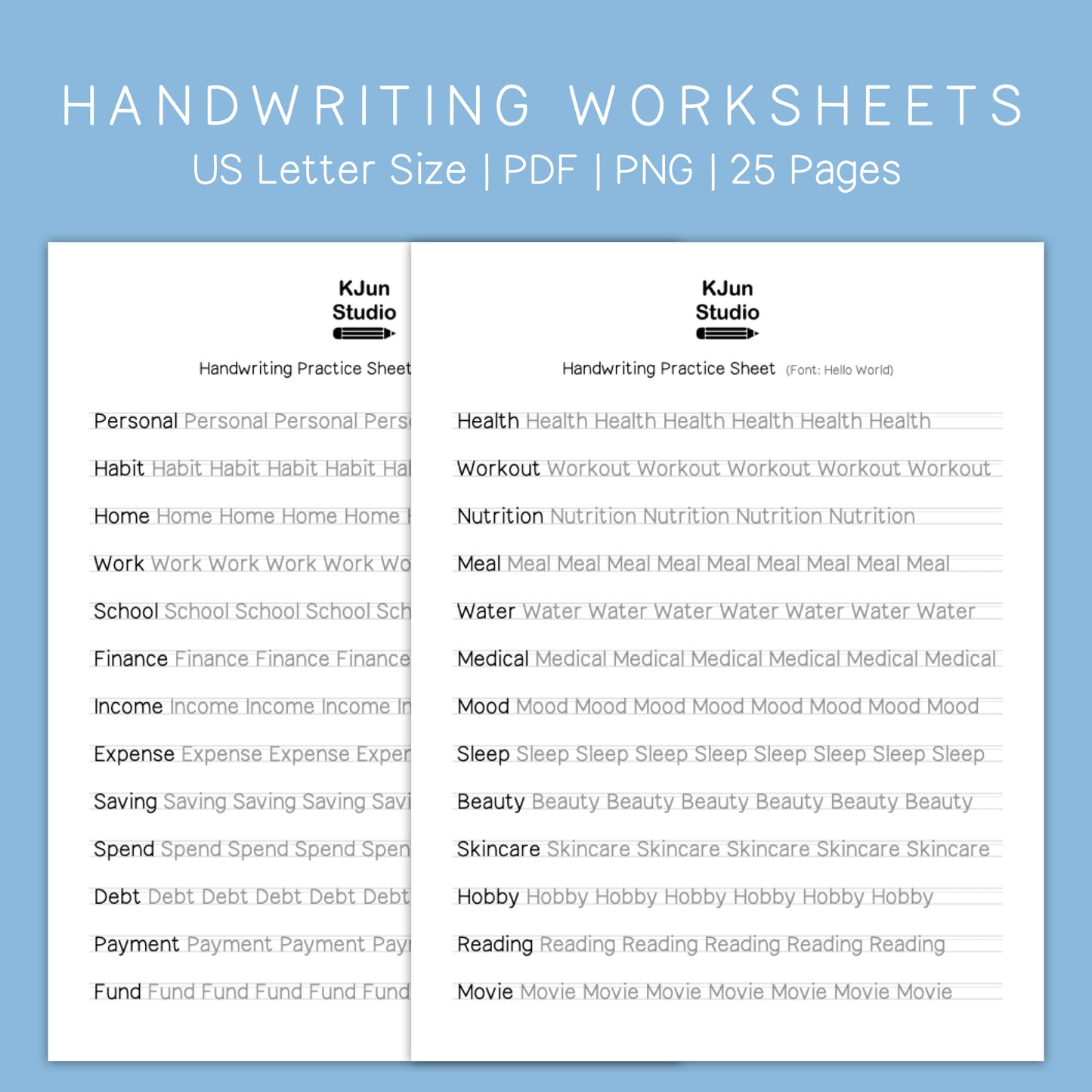 Handwriting Practice Sheets - Hello World Font
