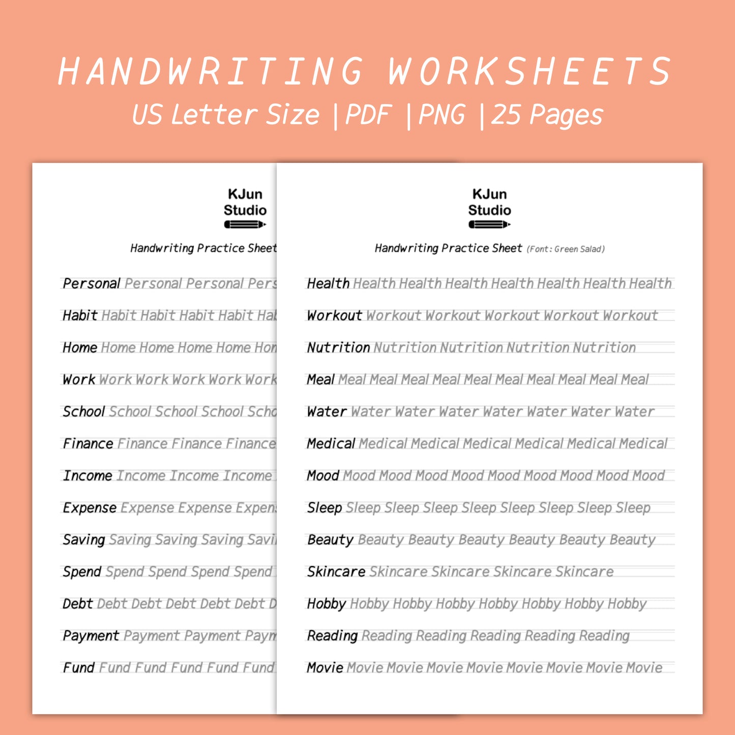 Handwriting Practice Sheets - Green Salad Font