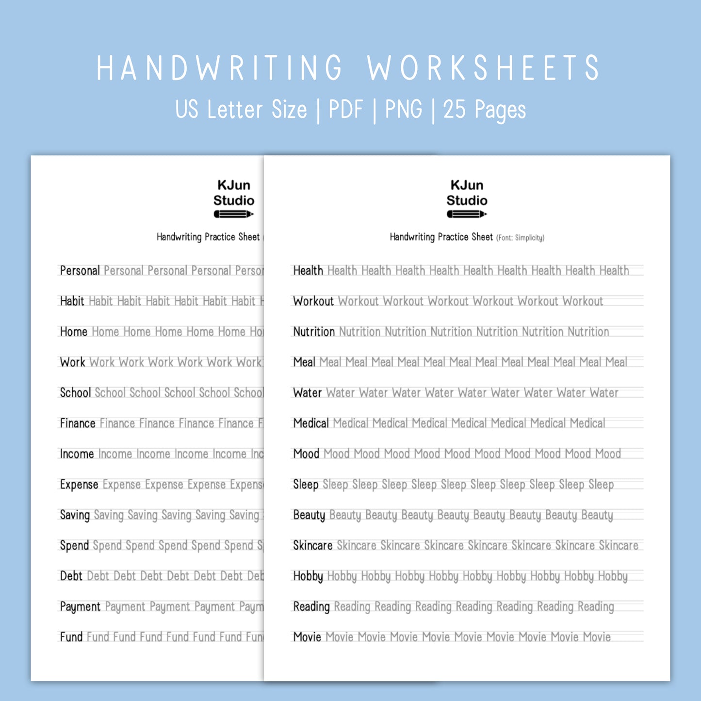 Handwriting Practice Sheets - Simplicity Font