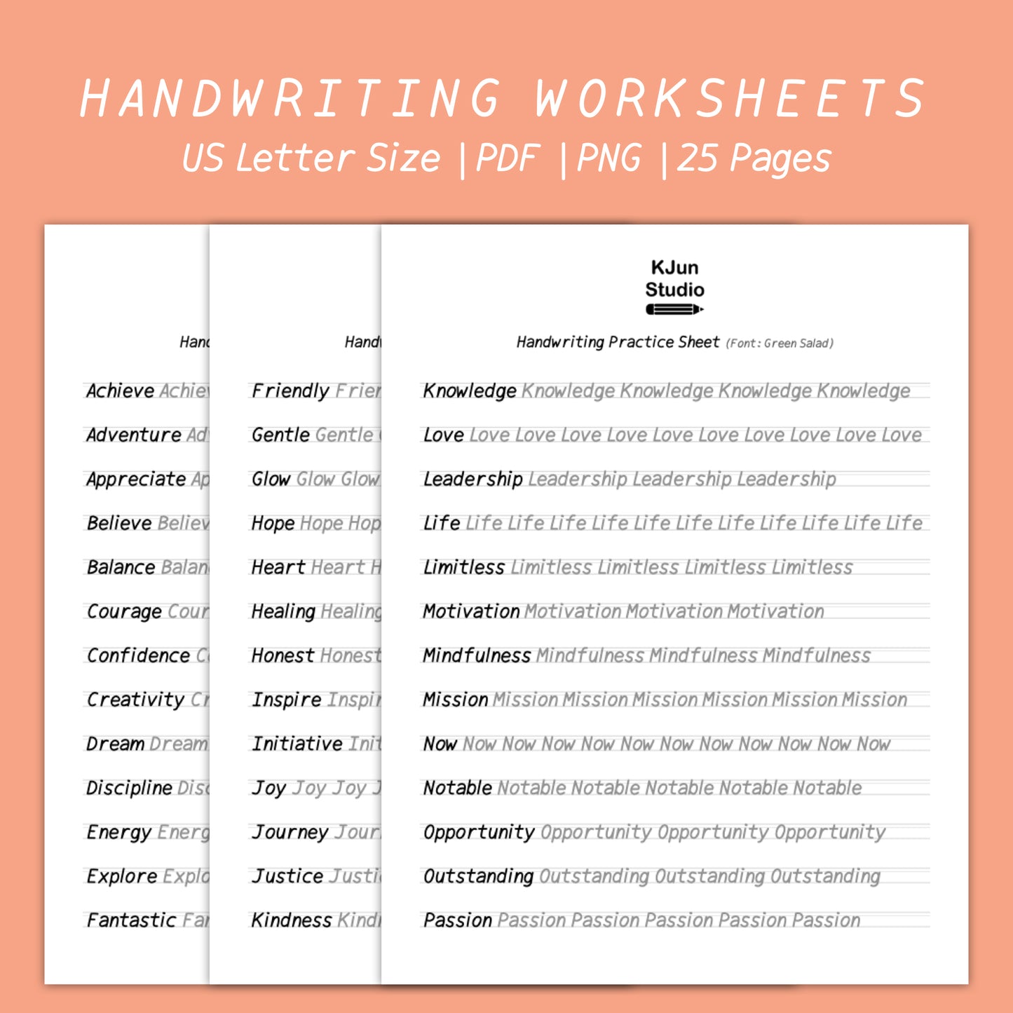 Handwriting Practice Sheets - Green Salad Font