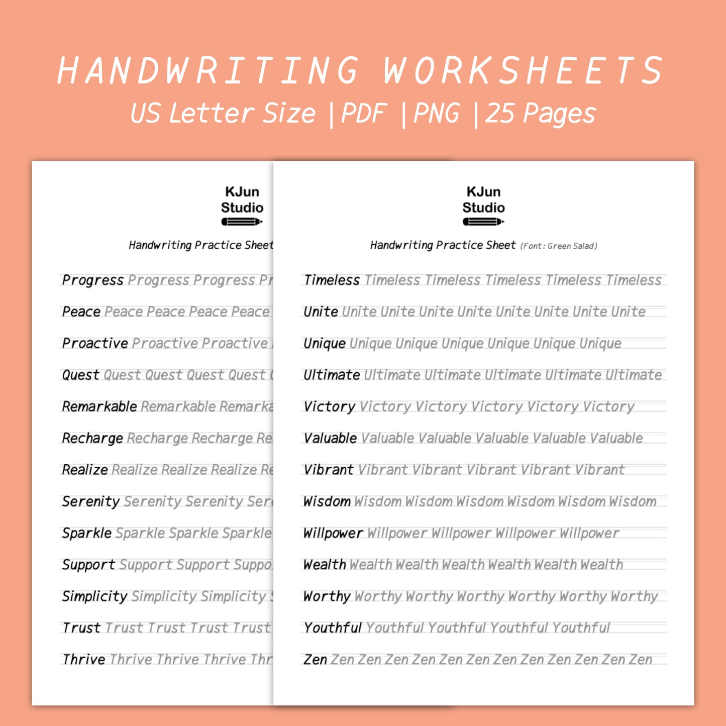 Handwriting Practice Sheets - Green Salad Font
