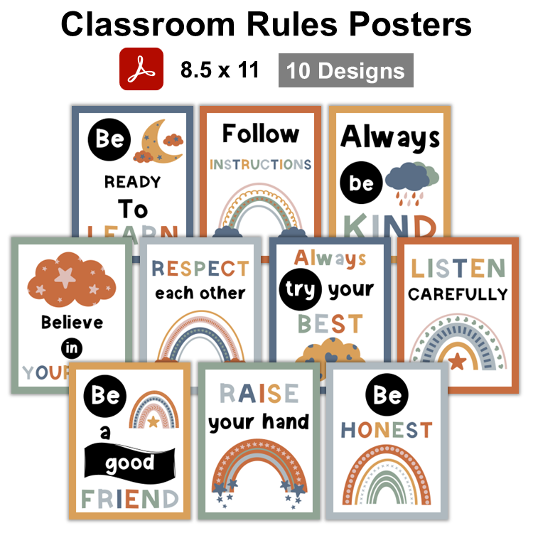 Classroom Rules Posters - Neutral Rainbow