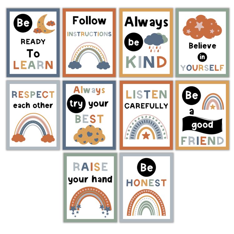 Classroom Rules Posters - Neutral Rainbow