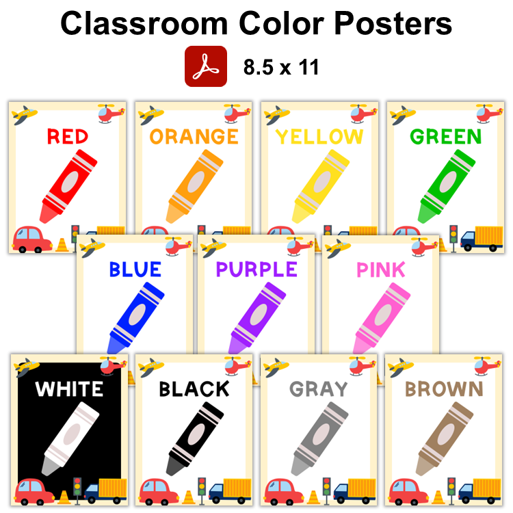 Classroom Color Posters - Cute Transportation