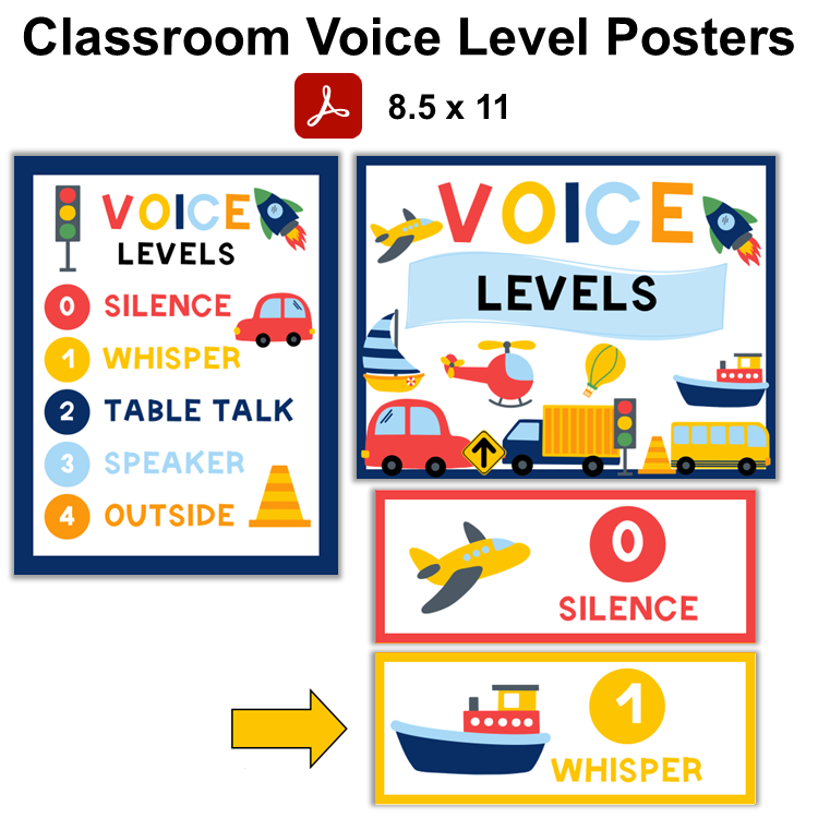 Classroom Voice Level Posters - Cute Transportation