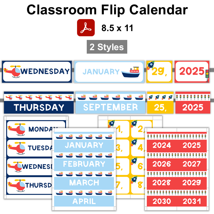 Classroom Flip Calendar - Cute Transportation