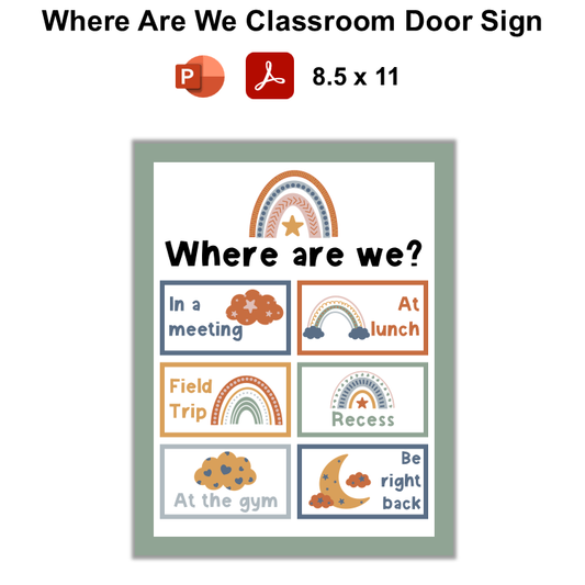 Where Are We Classroom Door Sign - Neutral Rainbow | Editable