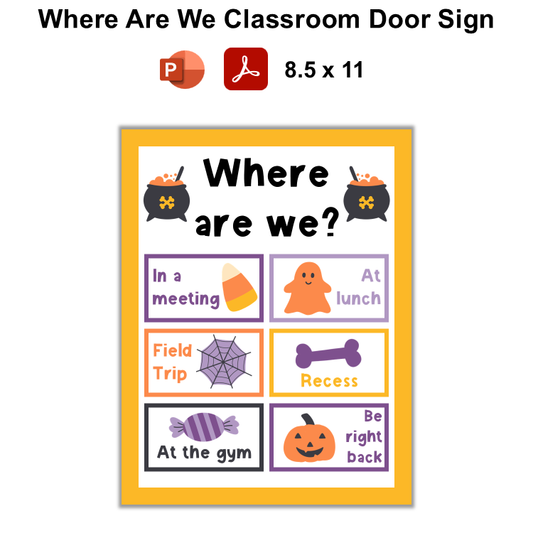 Where Are We Classroom Door Sign - Purple Halloween | Editable