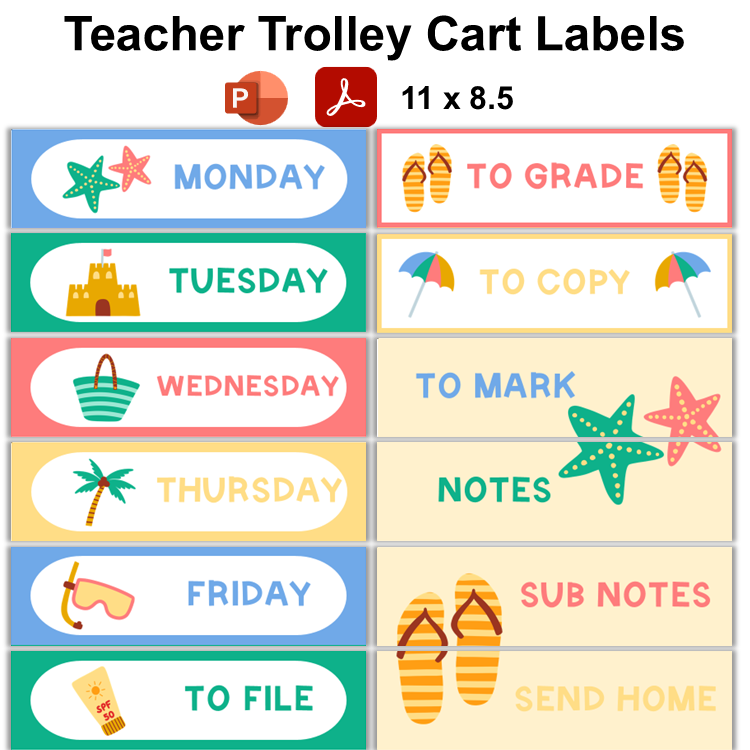 Teacher Trolley Cart Labels - Summer Beach | Editable