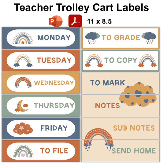 Teacher Trolley Cart Labels - Neutral Rainbow | Editable