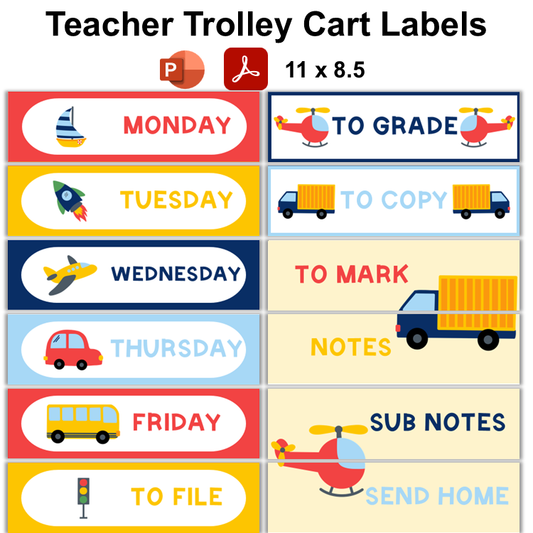 Teacher Trolley Cart Labels - Cute Transportation | Editable