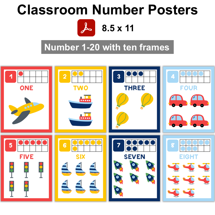 Classroom Number Posters - Cute Transportation