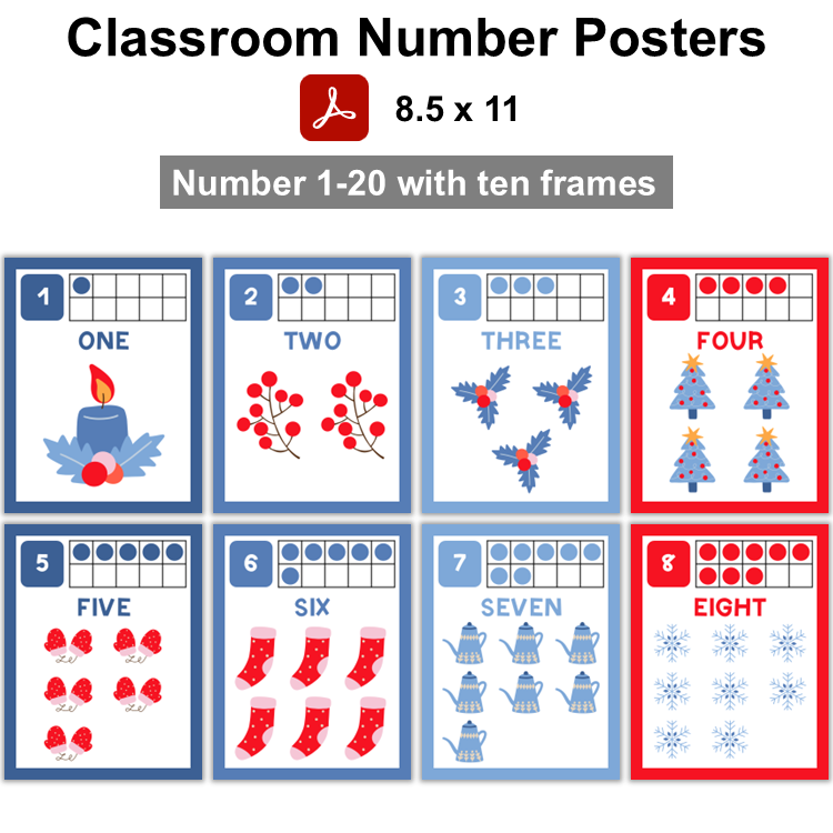 Classroom Number Posters - Blue Winter