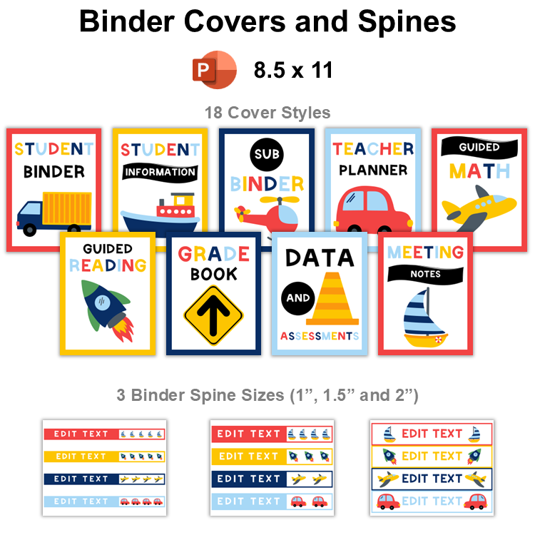 Binder Covers and Spines - Cute Transportation | Editable