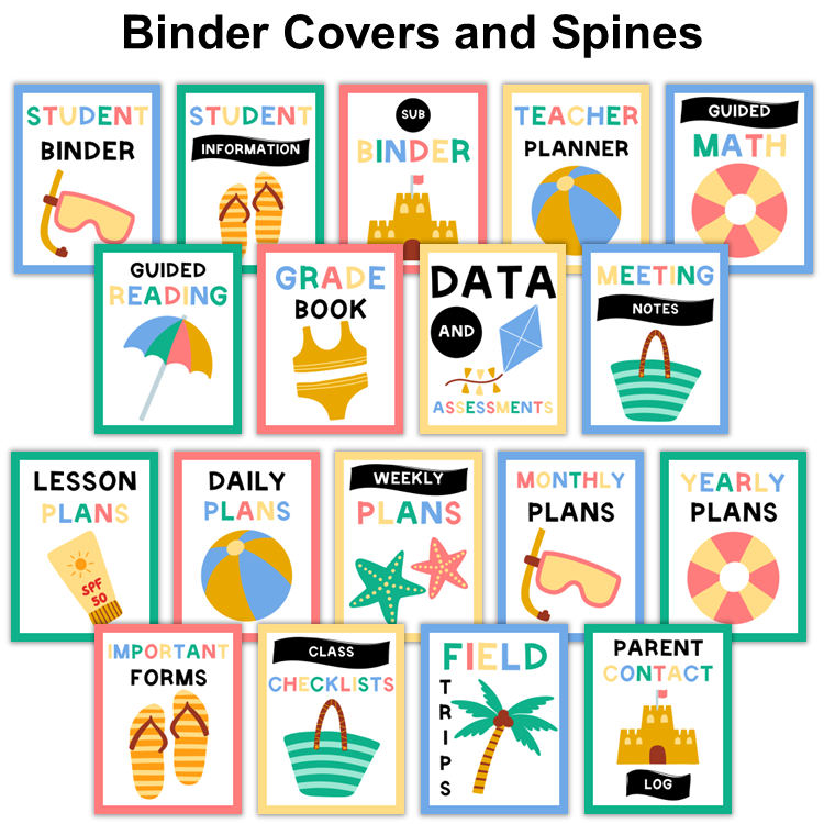 Binder Covers and Spines - Summer Beach | Editable