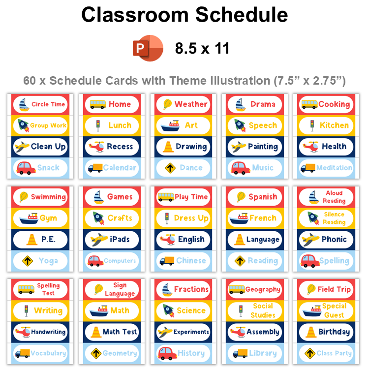 Classroom Schedule - Cute Transportation | Editable