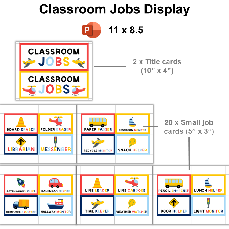 Classroom Jobs Display - Cute Transportation | Editable