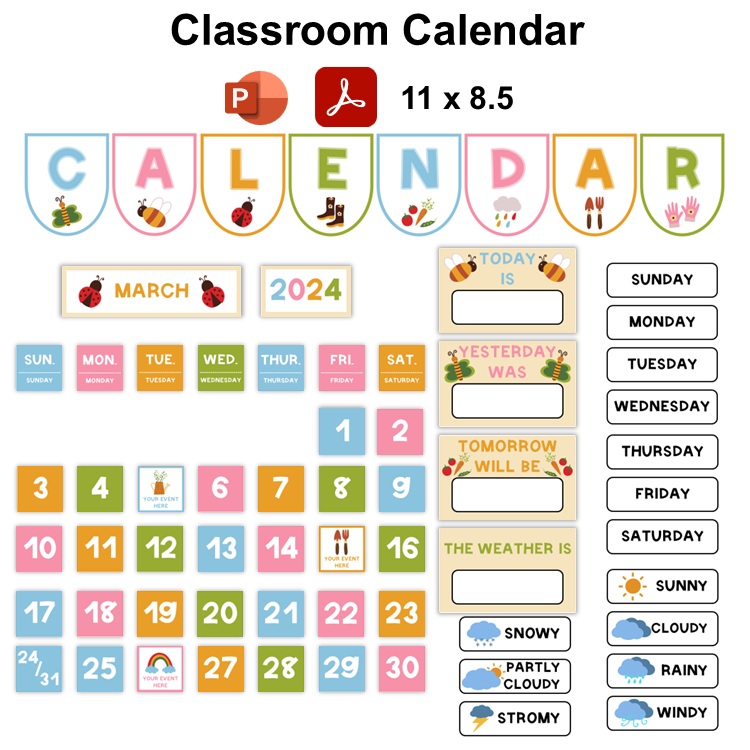 Classroom Calendar - Colorful Spring | Editable