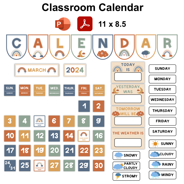 Classroom Calendar - Neutral Rainbow | Editable