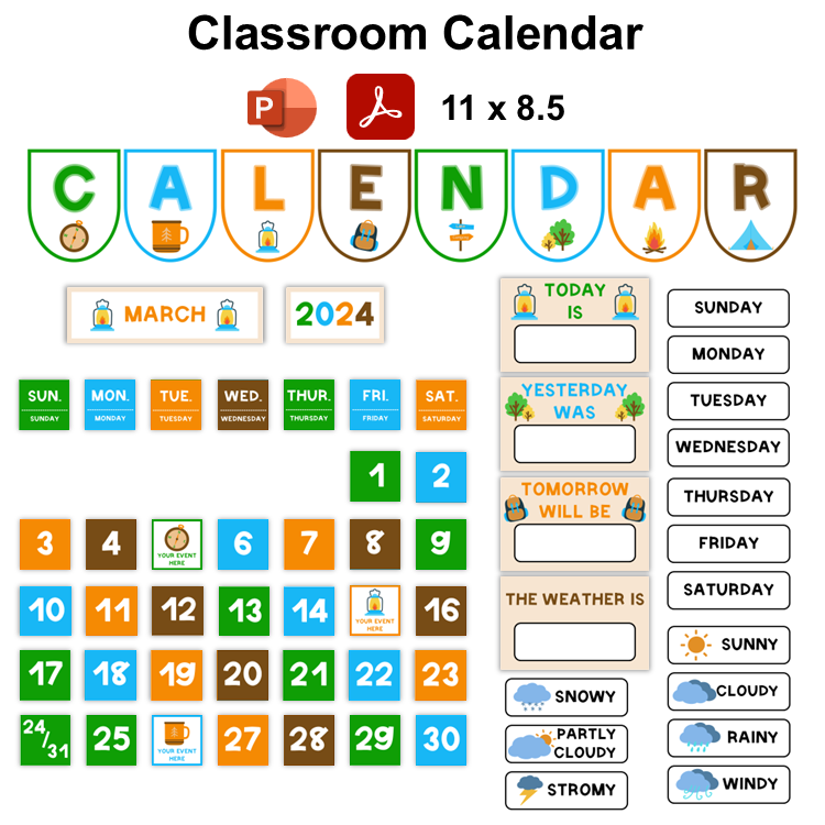 Classroom Calendar - Camping | Editable