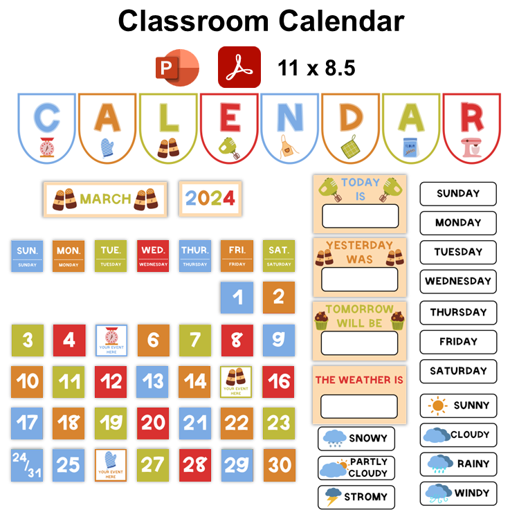 Classroom Calendar - Colorful Baking | Editable