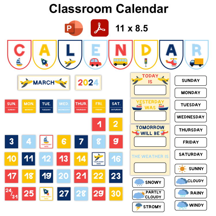 Classroom Calendar - Cute Transportation | Editable