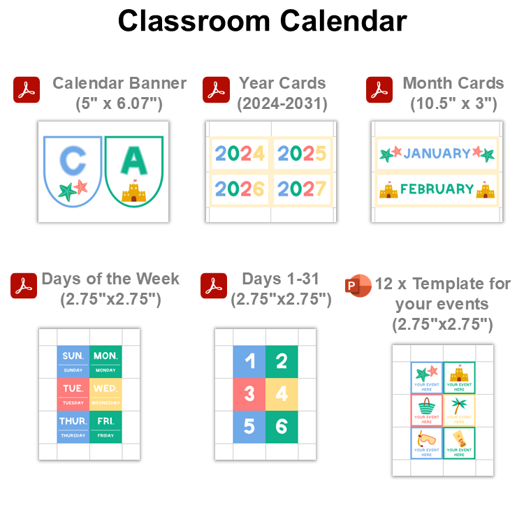 Classroom Calendar - Summer Beach | Editable