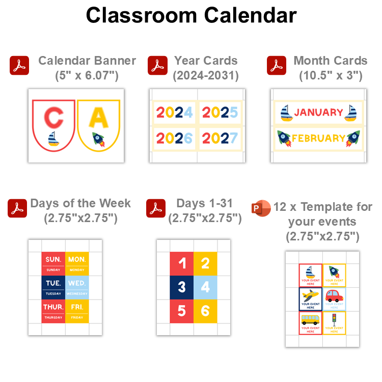 Classroom Calendar - Cute Transportation | Editable
