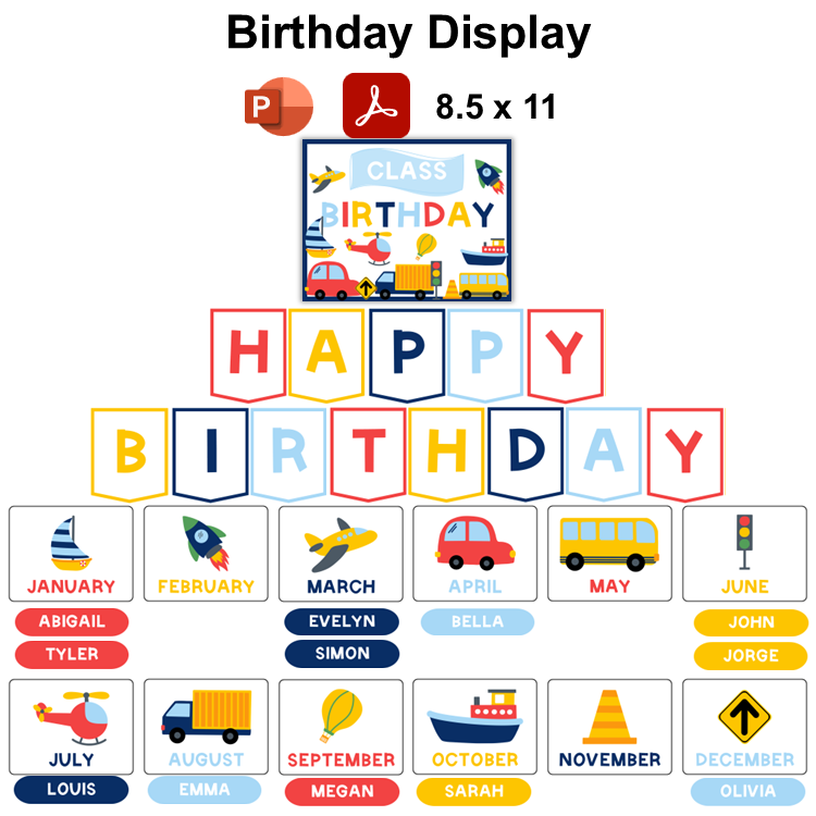 Birthday Display - Cute Transportation | Editable