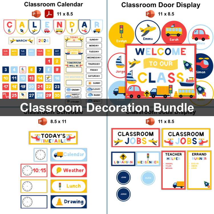 Classroom Decor Bundle - Cute Transportation | Editable