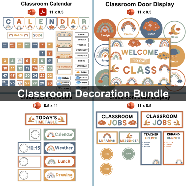 Classroom Decor Bundle - Neutral Rainbow | Editable