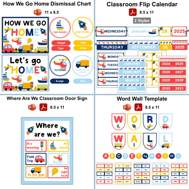 Classroom Decor Bundle - Cute Transportation | Editable