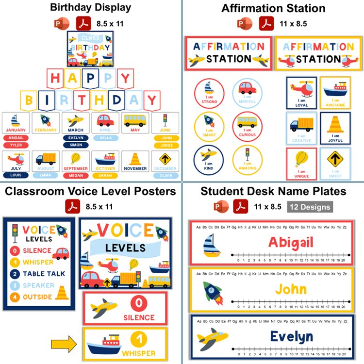 Classroom Decor Bundle - Cute Transportation | Editable