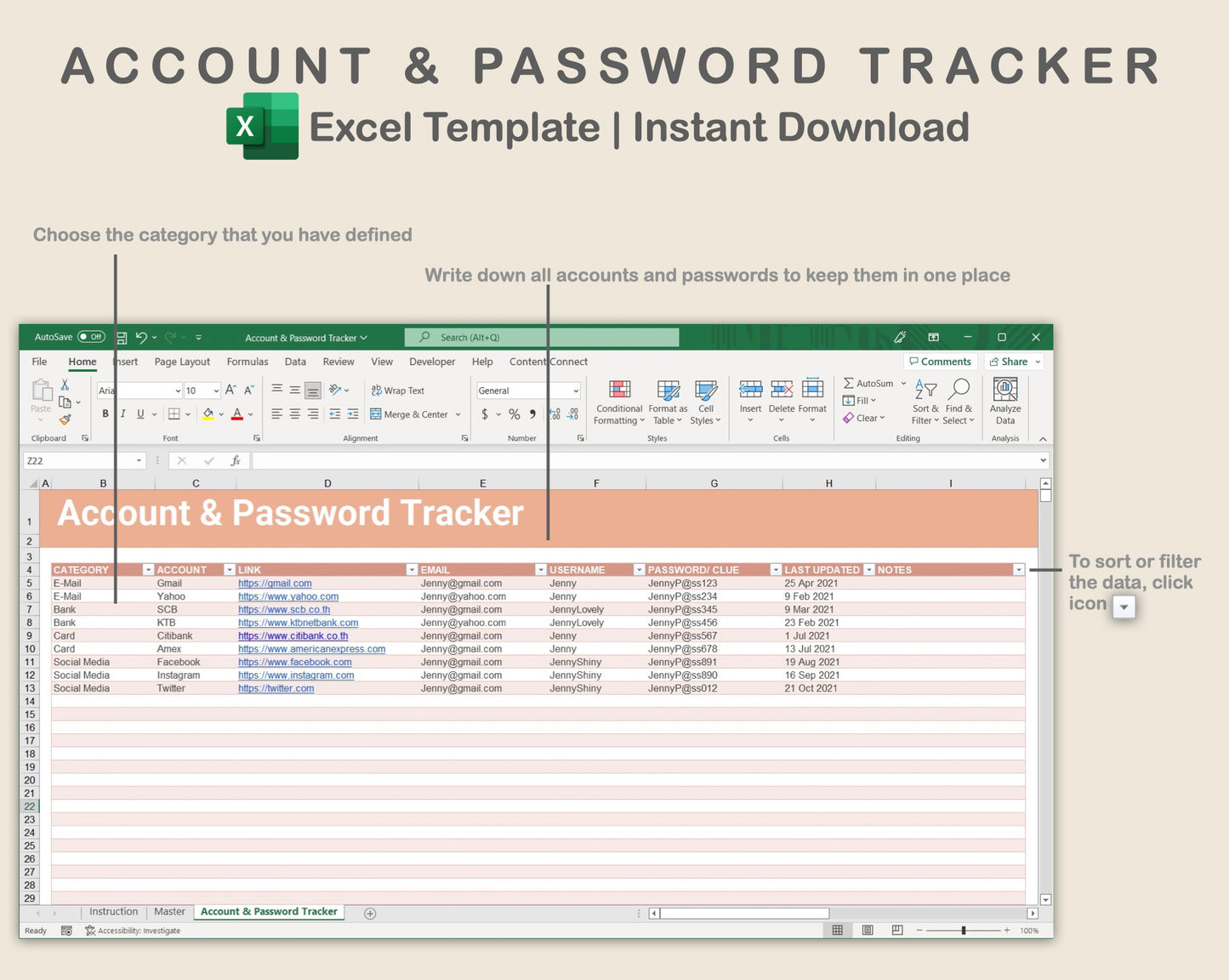 Excel - Account & Password Tracker - Neutral