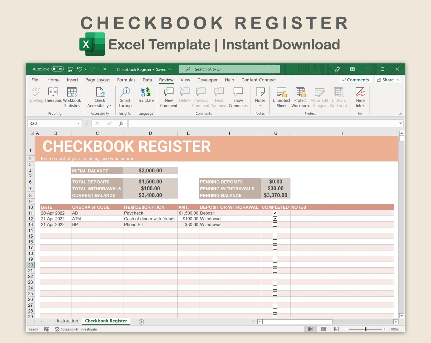 Excel - Checkbook Register - Neutral