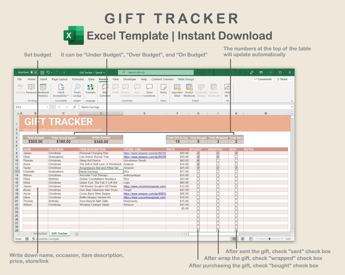 Excel - Gift Tracker - Neutral