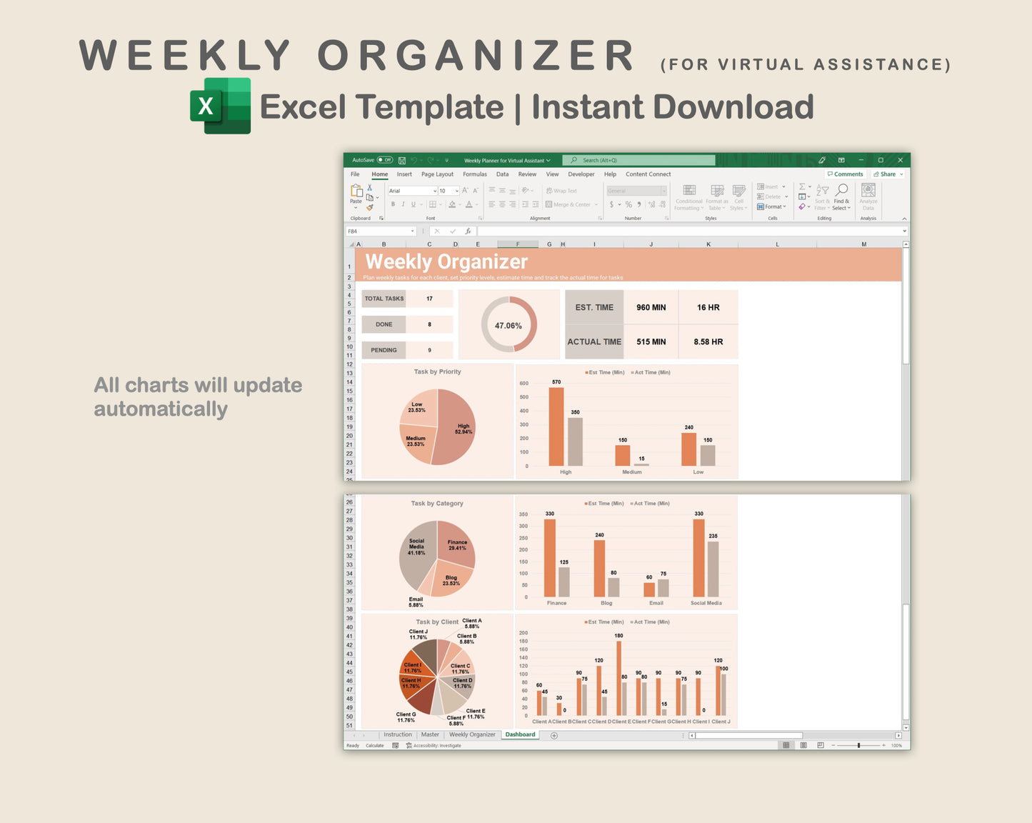 Excel - Weekly Organizer for Virtual Assistant Business - Neutral
