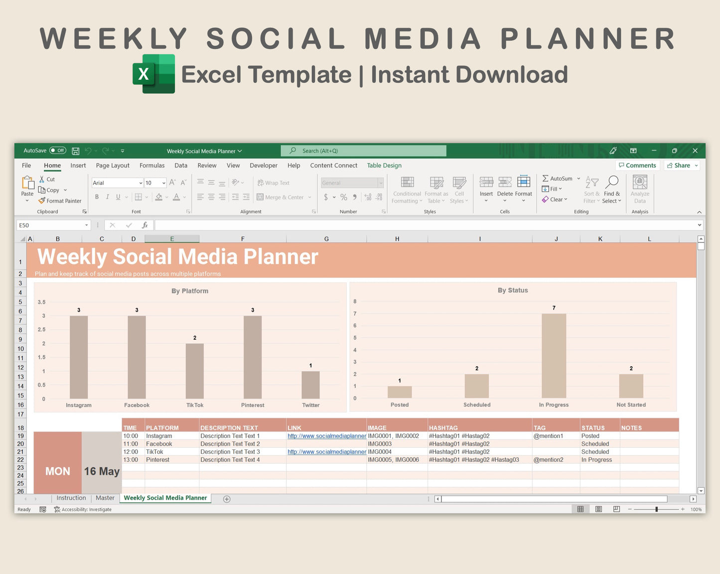 Excel - Weekly Social Media Planner - Neutral