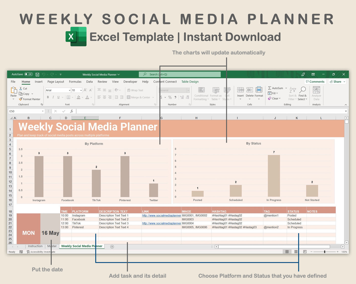 Excel - Weekly Social Media Planner - Neutral