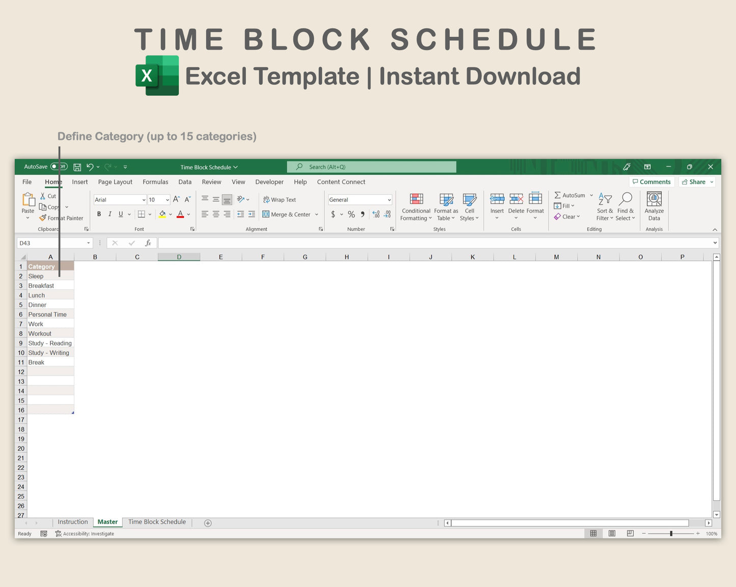 Excel - Time Block Schedule - Neutral